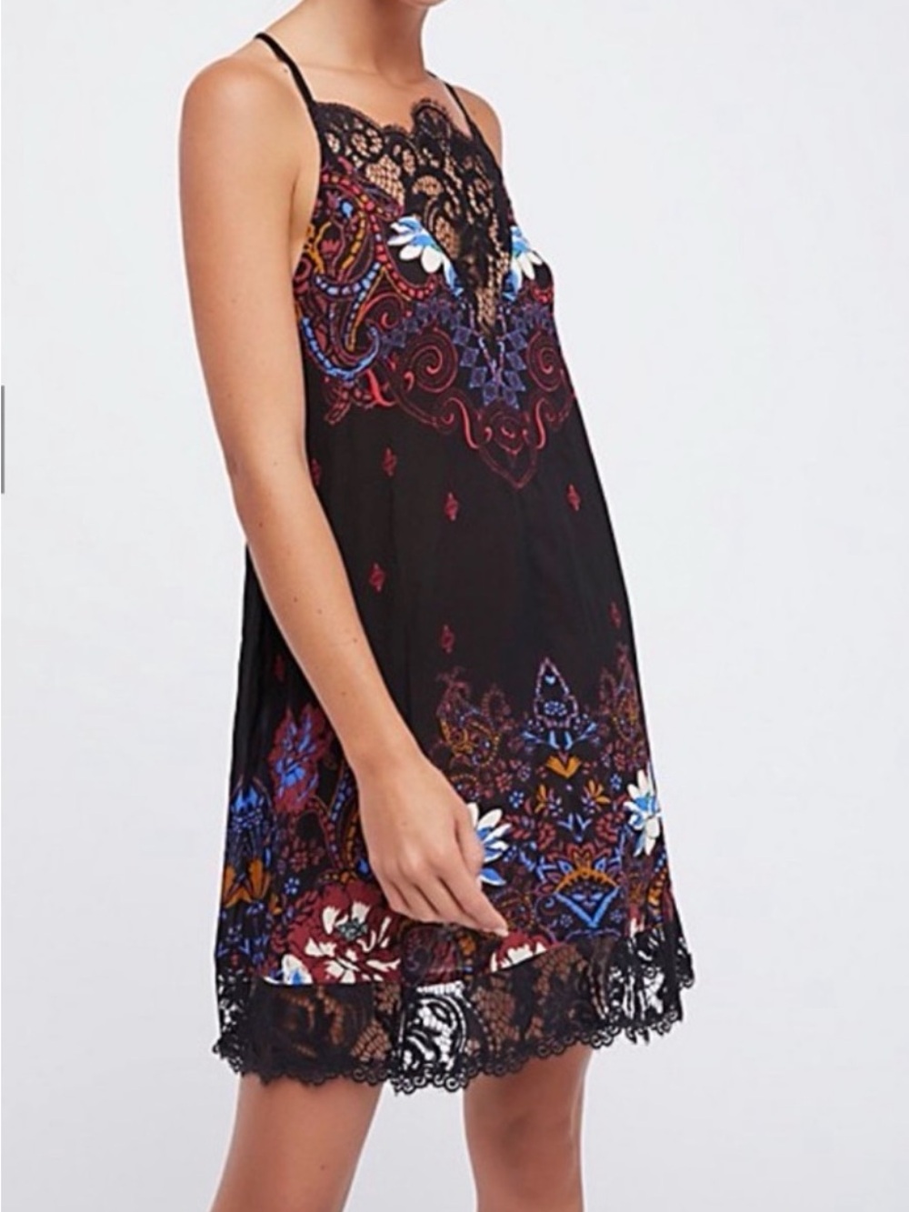 Free People Black Floral Lace-Trim Mini Dress Size Small